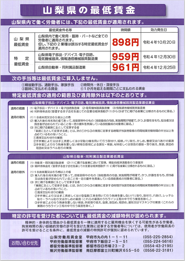 【情報提供】山梨県内の最低賃金改正について