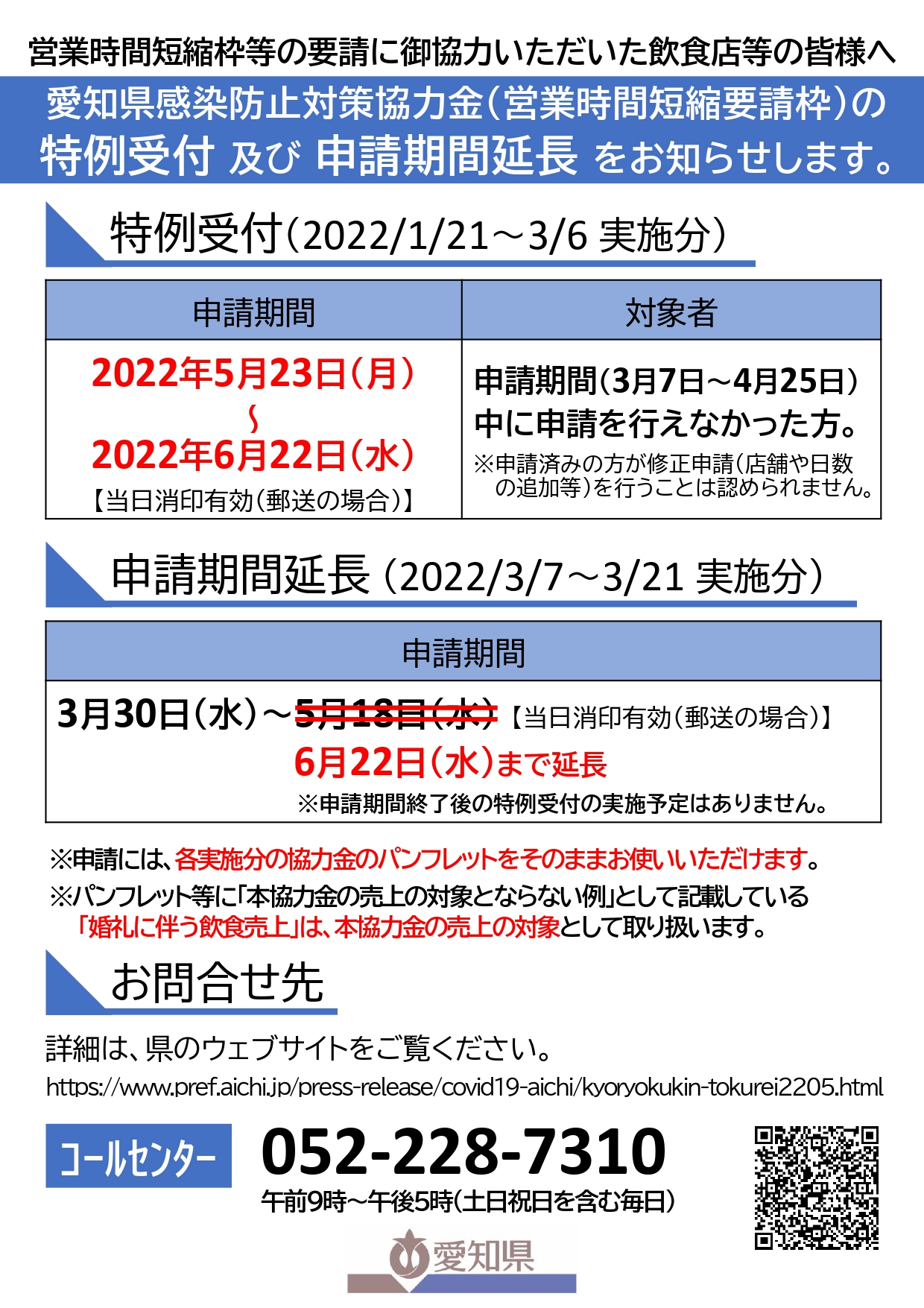 「愛知県感染防止対策協力金」の「1/21～3/6実施分」の特例受付の開始及び「3/7～3/21実施分」の申請期間の延長の実施について