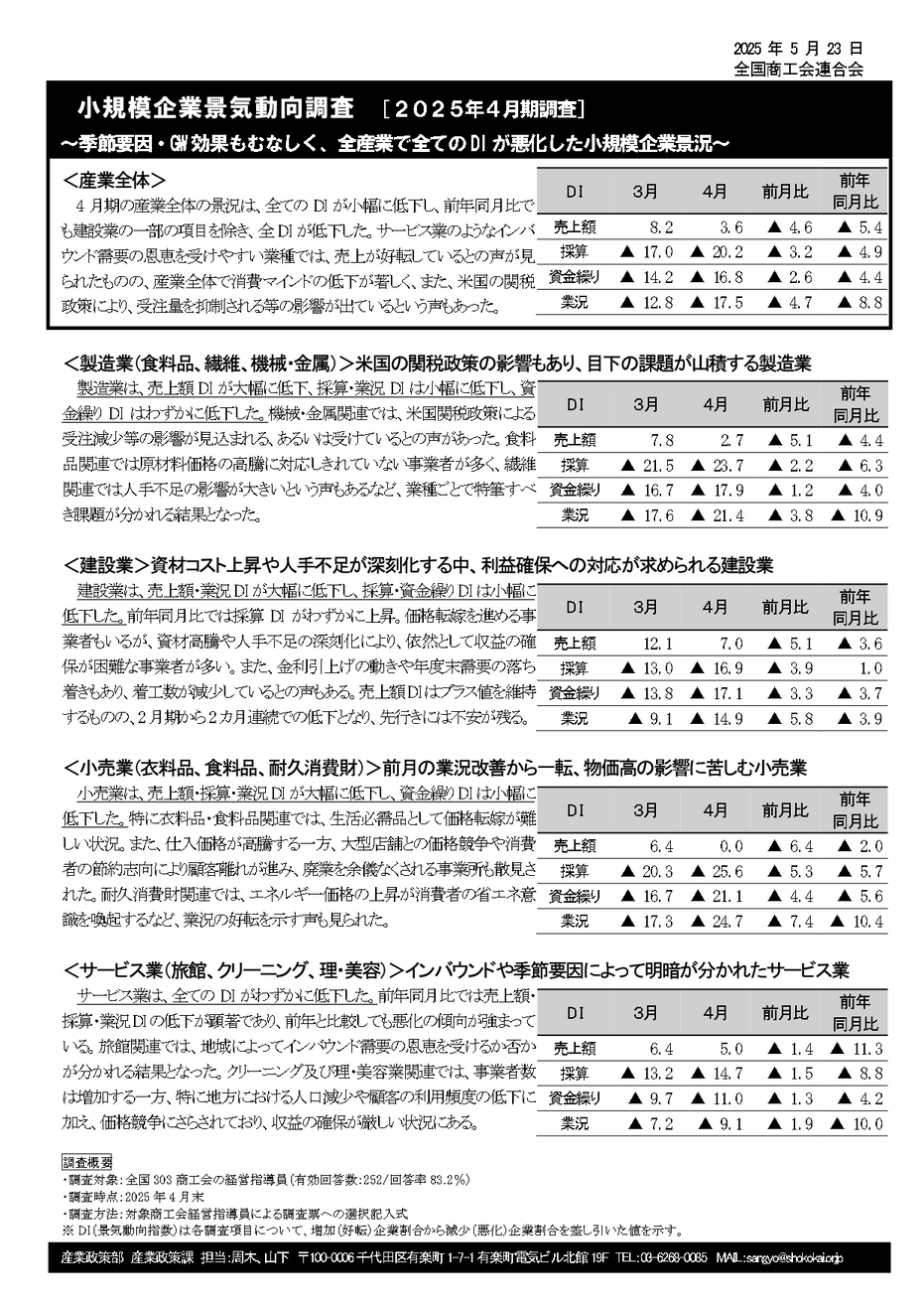 小規模企業景気動向調査結果の公表について（2025年4月期）