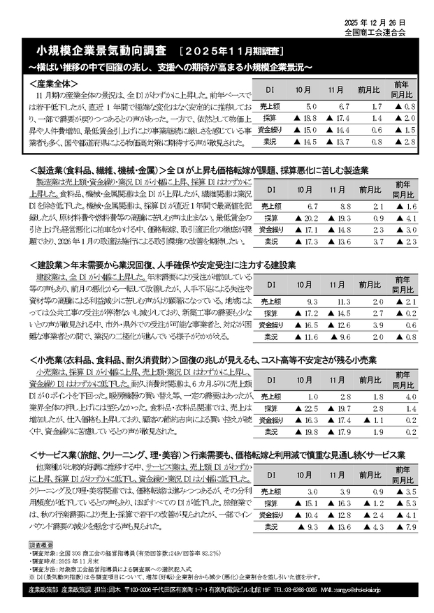 小規模企業景気動向調査結果の公表について（2025年11月期）