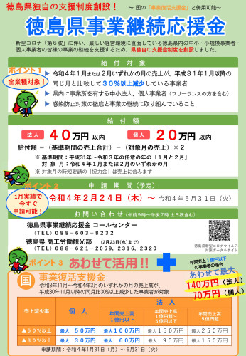 徳島県独自の支援制度創設！ ～ 国の「事業復活支援金」と併用可能～徳島県事業継続応援金について