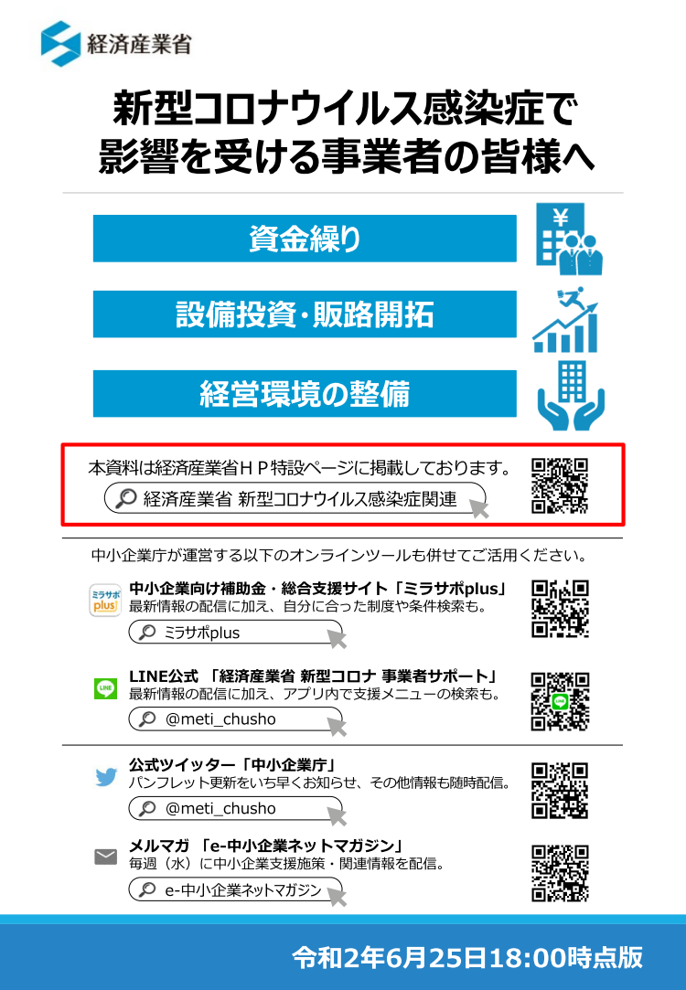 新型コロナウイルス感染症で影響を受ける事業者の皆様へ（経済産業省）