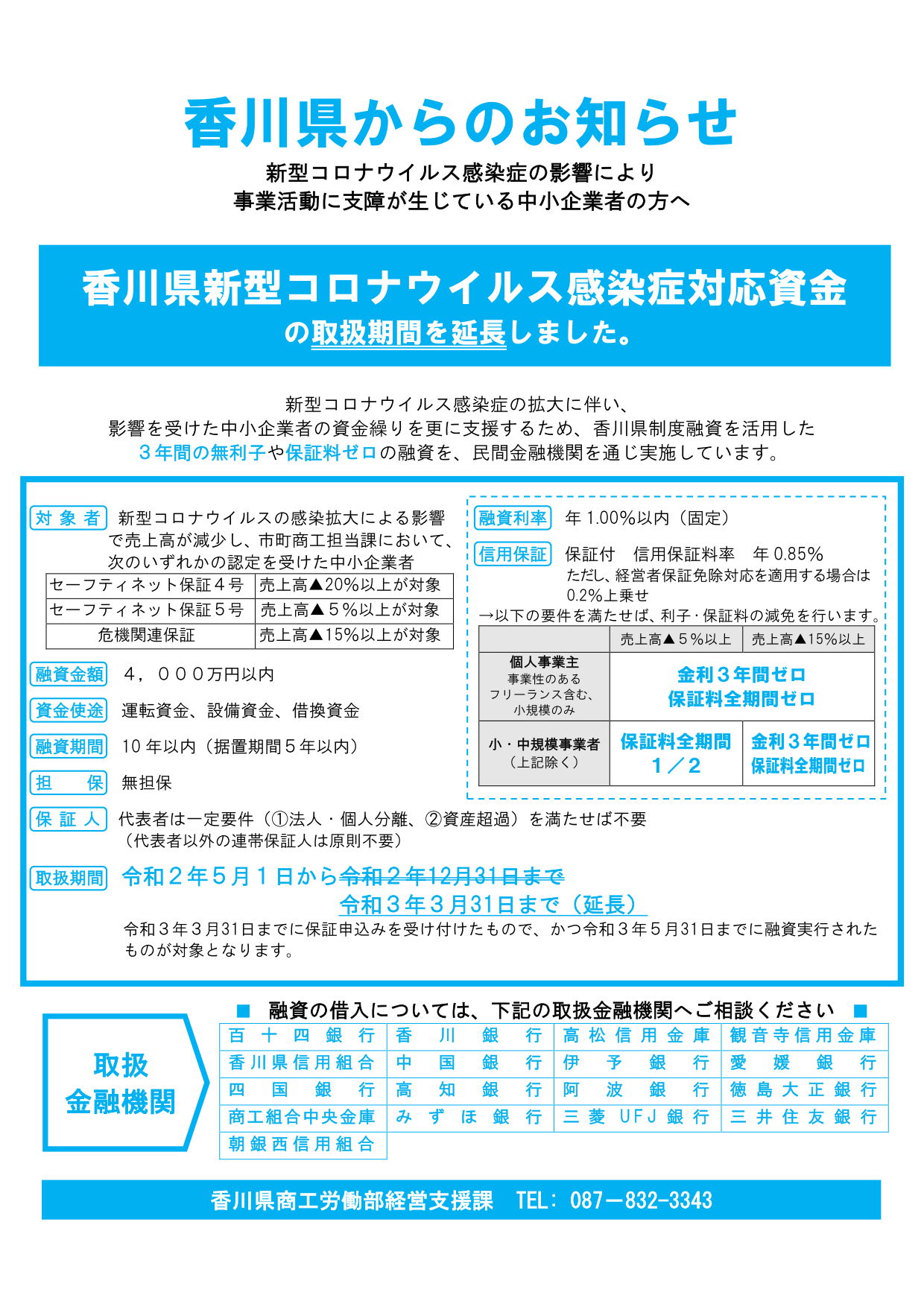 「香川県新型コロナウイルス感染症対応資金」の取扱期間が延長されました