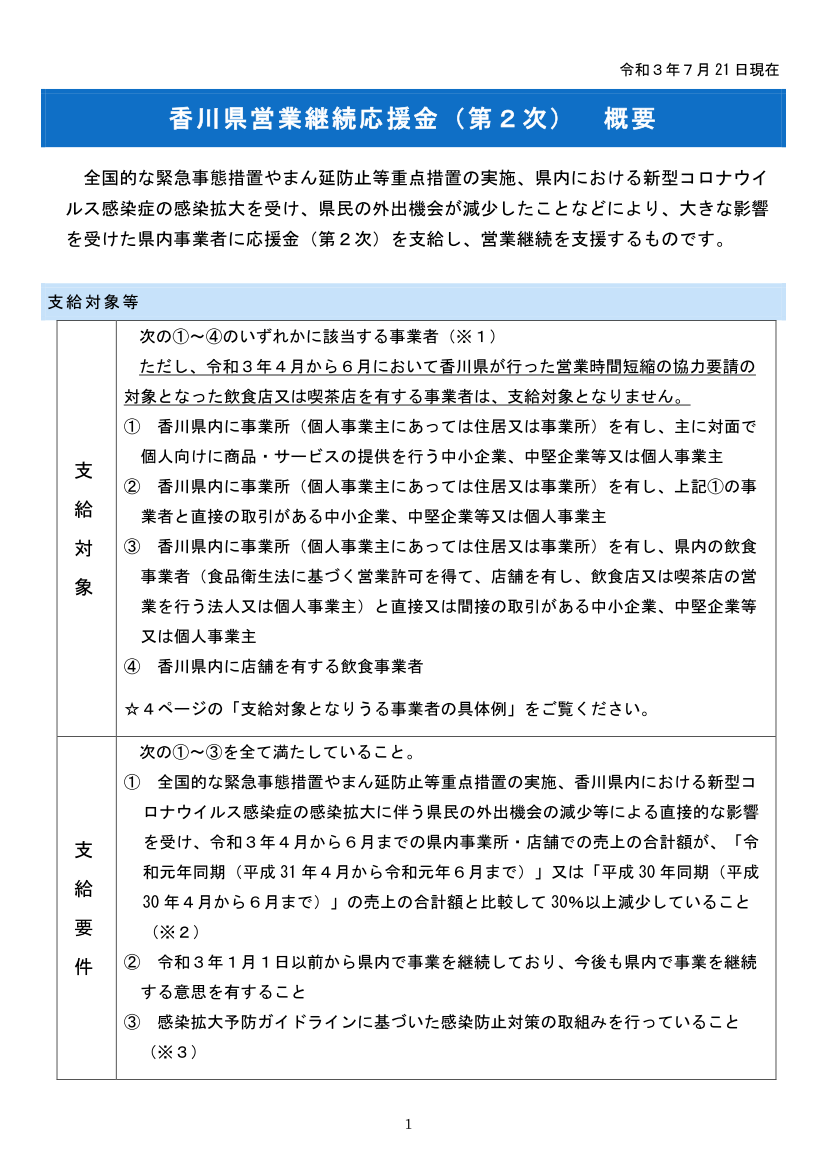 香川県営業継続応援金（第２次）の概要について（香川県）