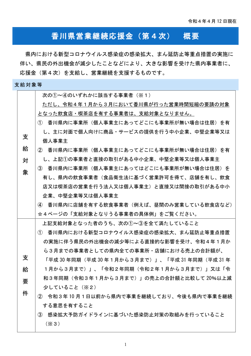 香川県営業継続応援金（第4次）の概要について（香川県）