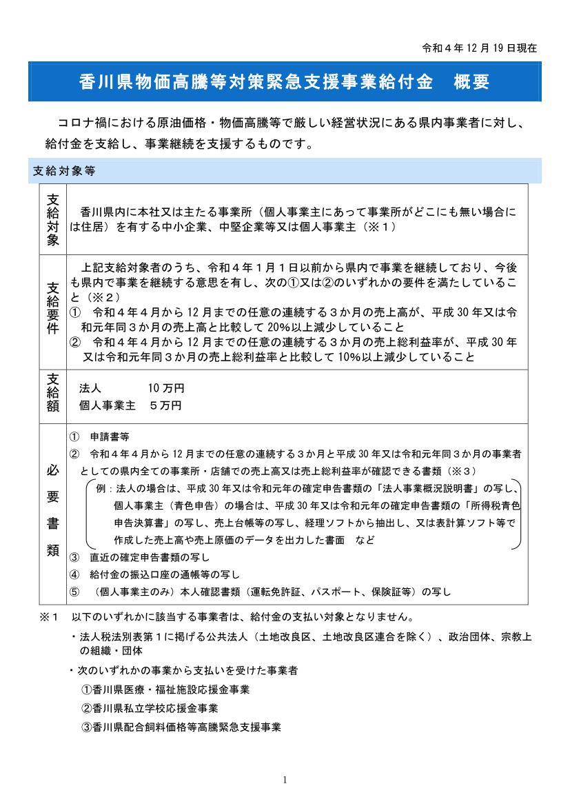 香川県物価高騰等対策緊急支援事業給付金の概要について（香川県）