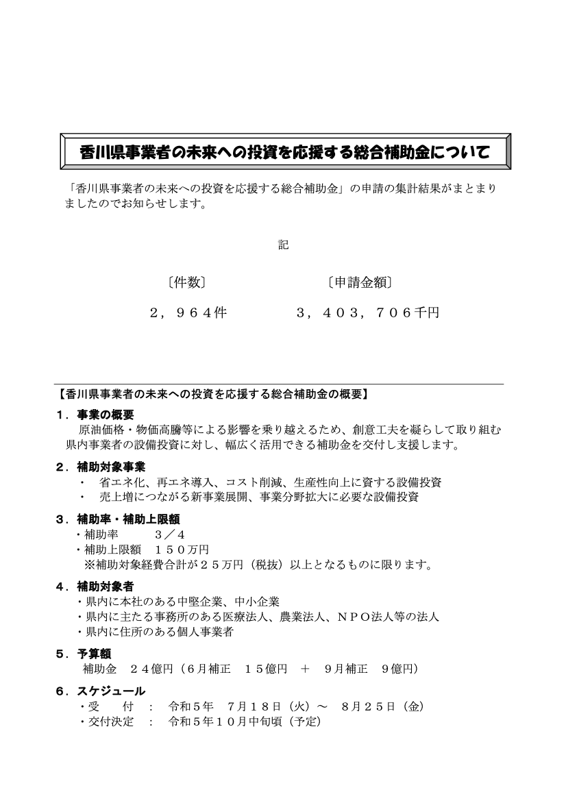 香川県事業者の未来への投資を応援する総合補助金について（香川県）