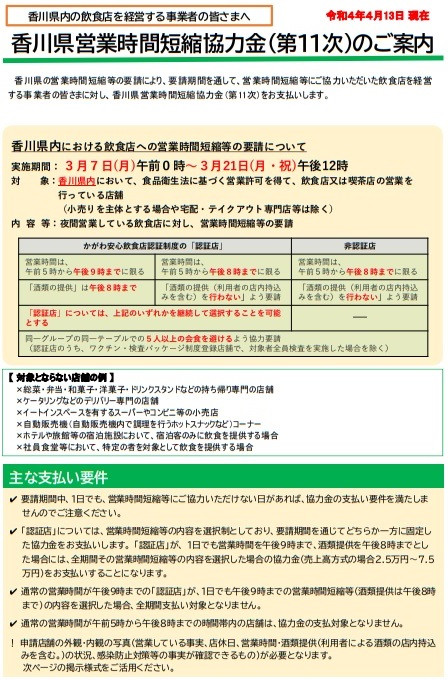 香川県営業時間短縮協力金　第11次（香川県）