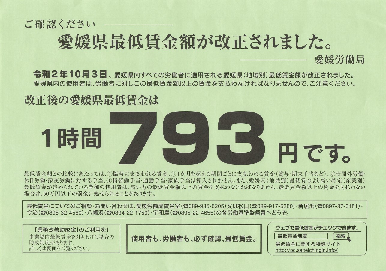 愛媛県の最低賃金が改訂されました。