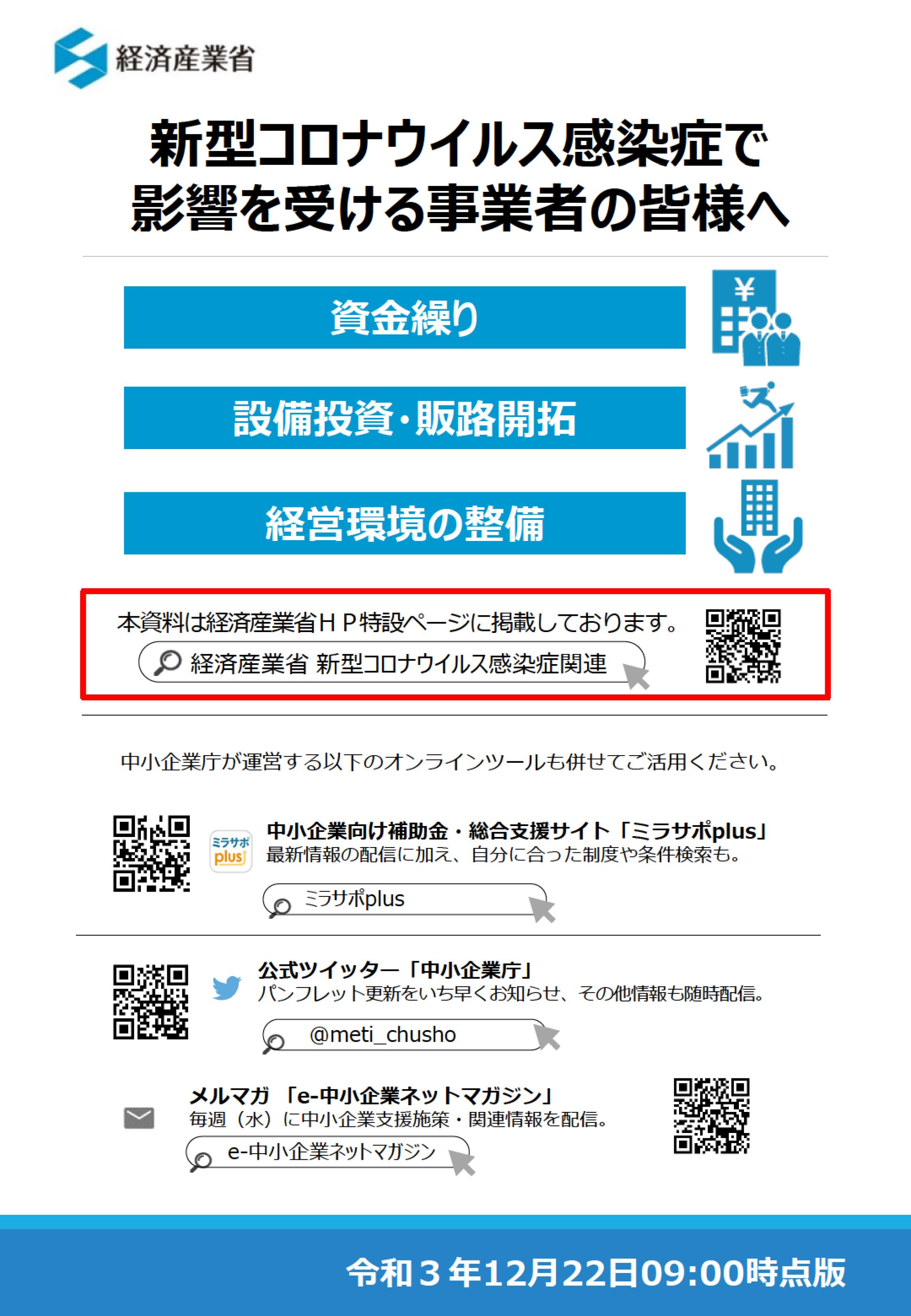 新型コロナウイルス感染症の影響を受ける事業者向け支援策が更新されました（1２月22日9時版） 