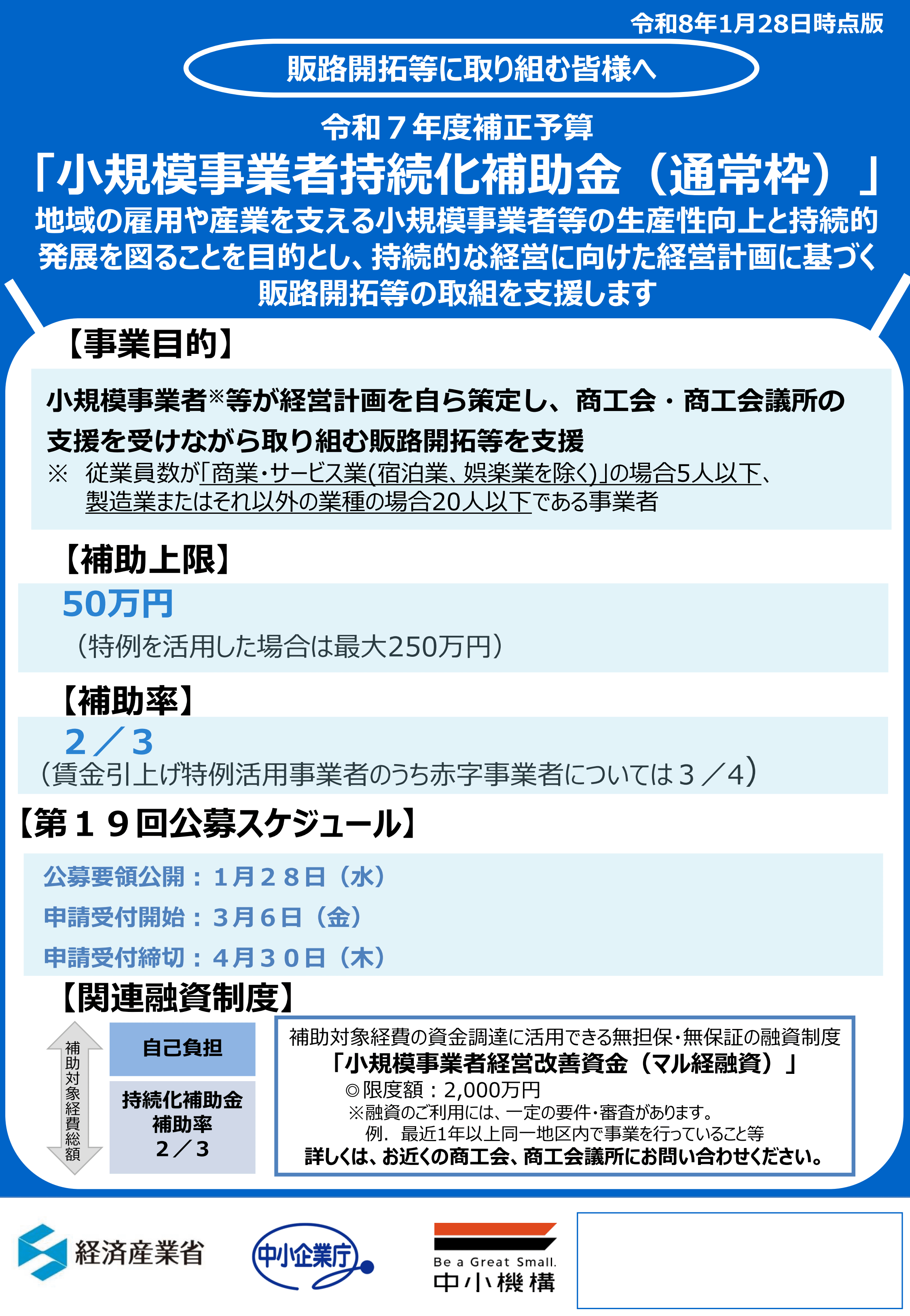 第１９回小規模事業者持続化補助金（通常枠・創業枠） 公募開始のお知らせ