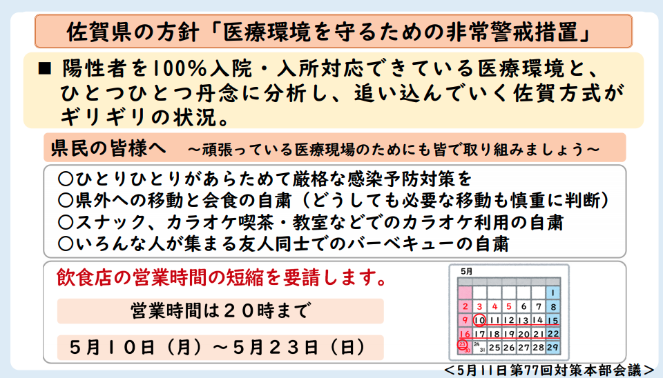 (5/11更新)新型コロナウイルスの感染予防の徹底について佐賀県から県民の皆様へのお願い（医療環境を守るための非常計画措置）