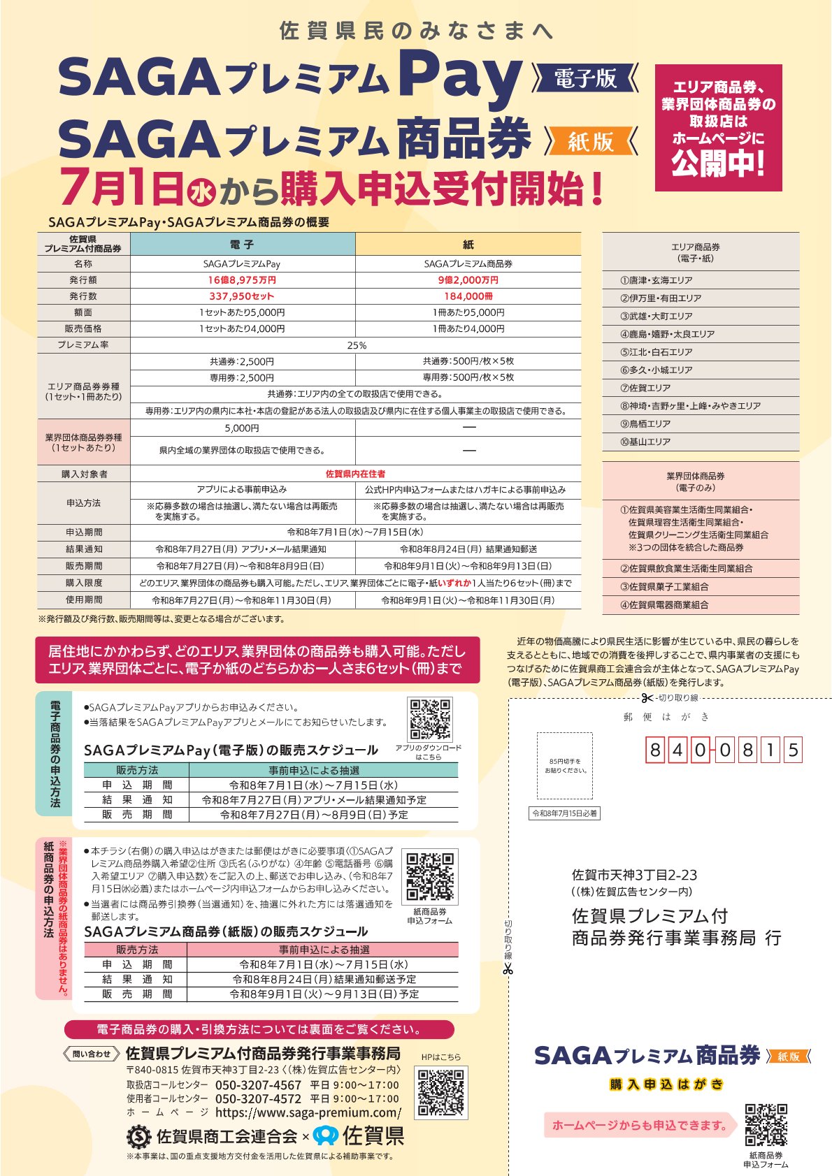 佐賀県プレミアム付商品券「SAGAプレミアムPay」「SAGAプレミアム商品券」購入申込みの受付が開始されました（プレミアム率25％）