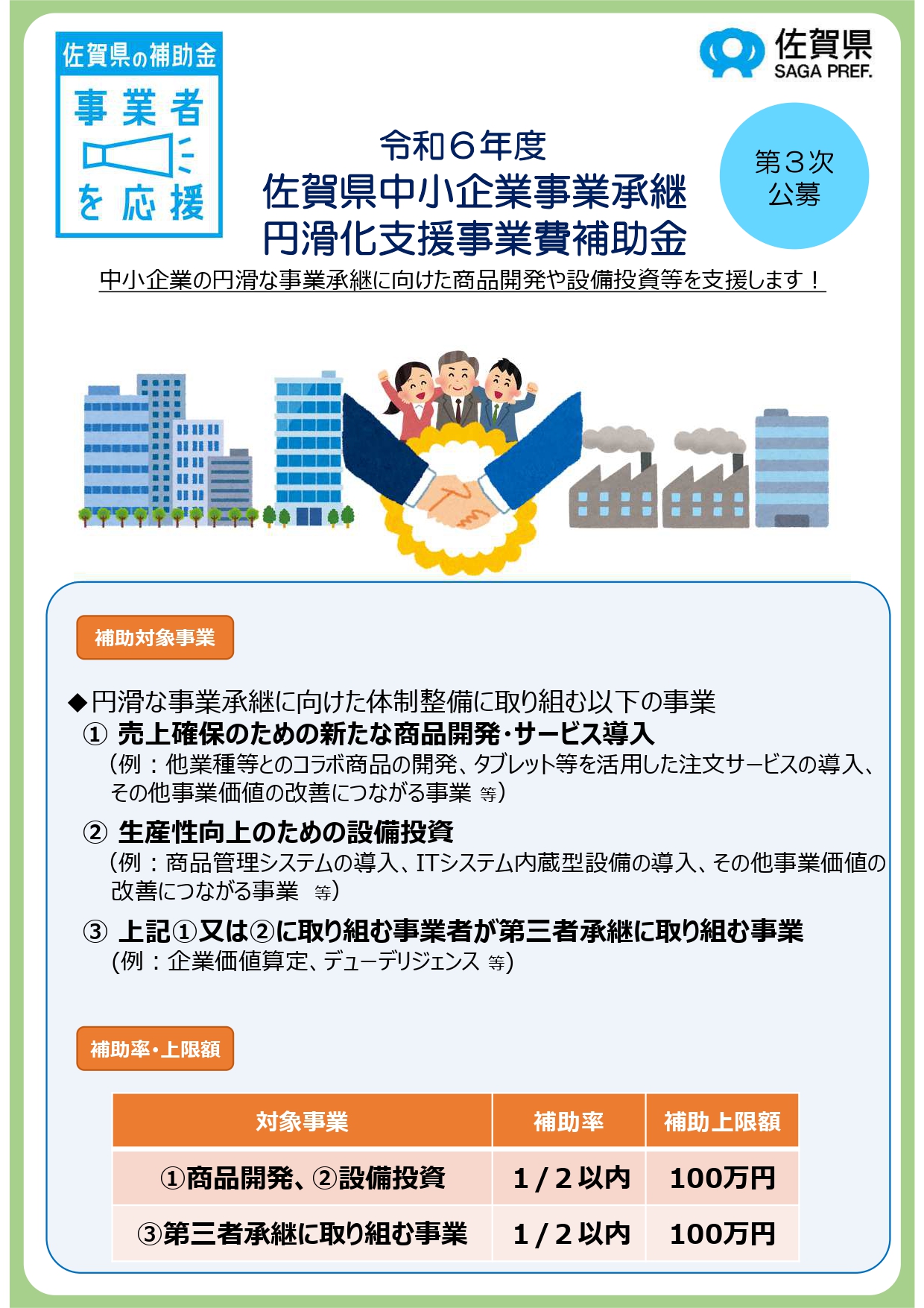 佐賀県事業承継円滑化支援補助金第3次公募のお知らせ