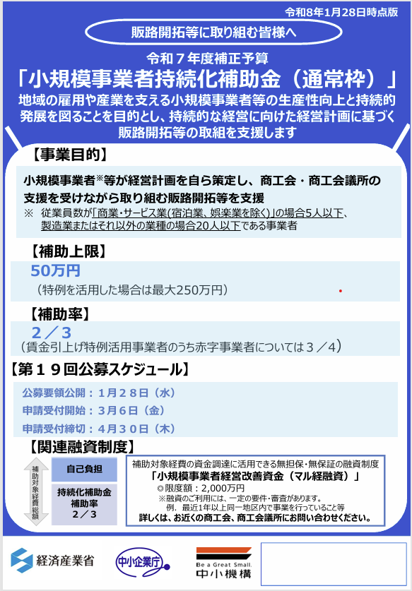 小規模事業者持続化補助金　公募開始のお知らせ