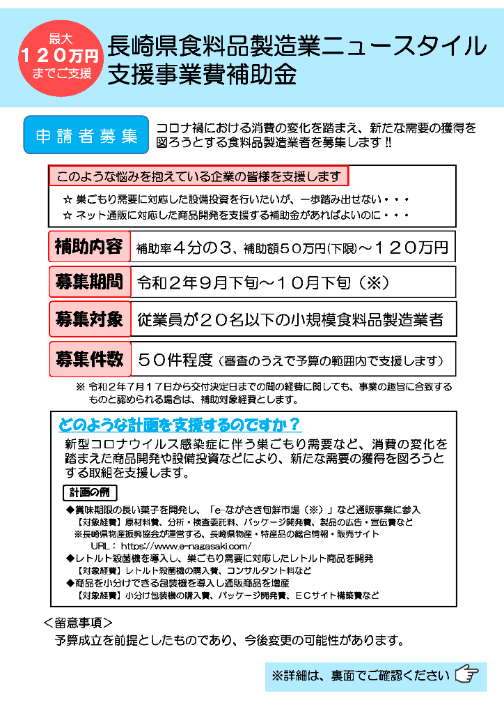 【公募前告知】長崎県食料品製造業ニュースタイル支援事業費補助金