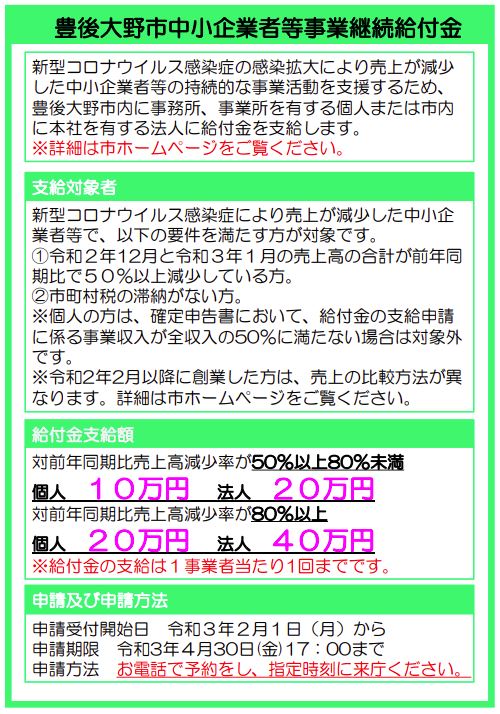 『豊後大野市中小企業者等事業継続給付金』のご案内