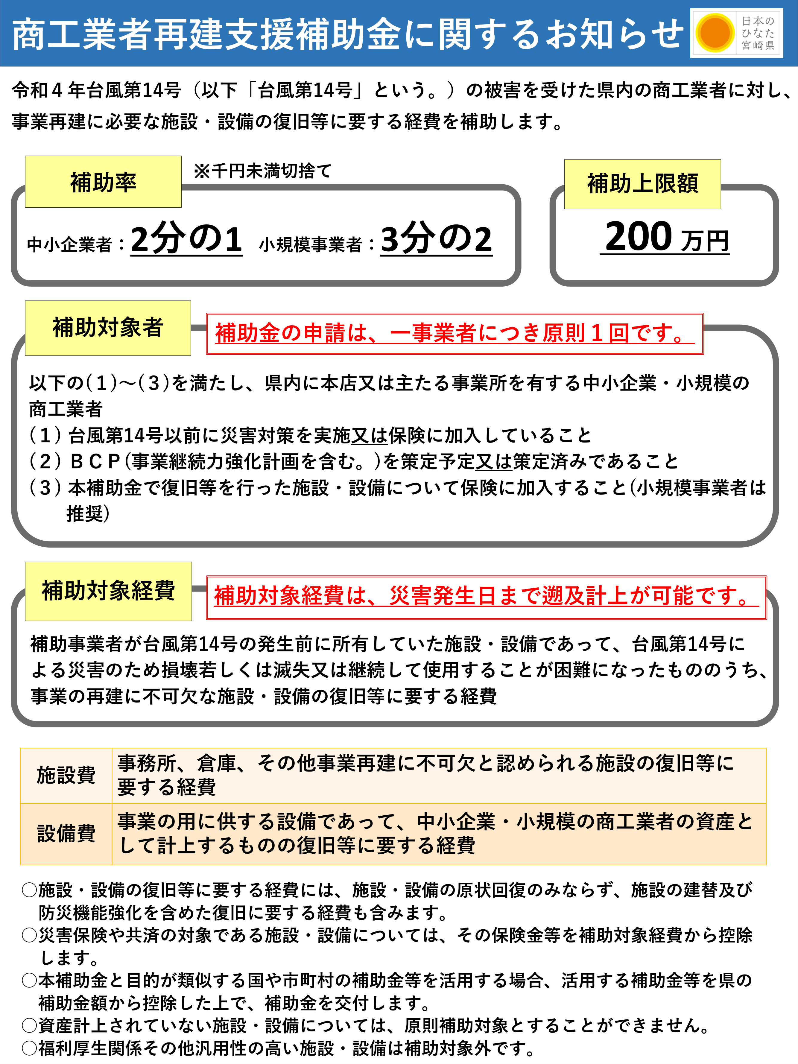 【補助金情報】宮崎県商工業者再建支援補助金について
