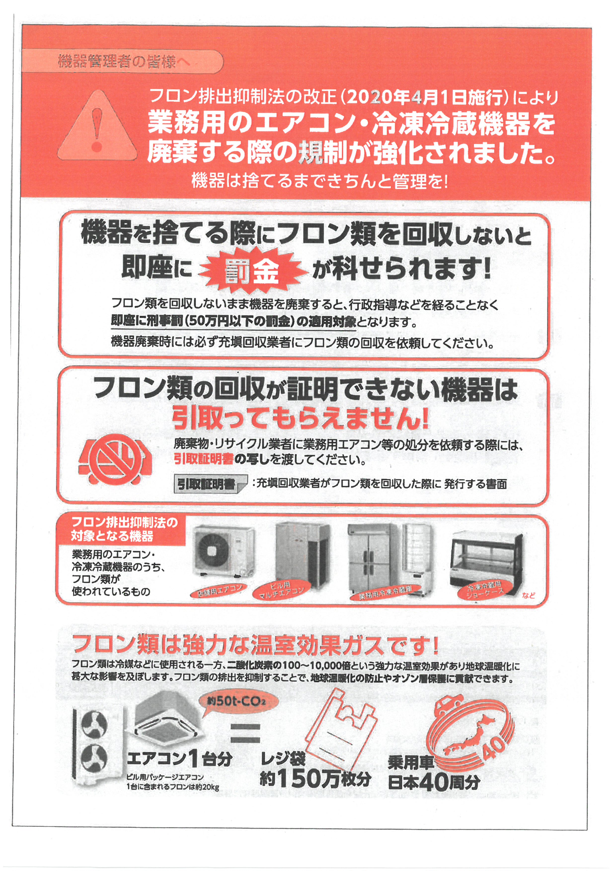 業務用のエアコン・冷凍冷蔵機器を廃棄する際の規制が強化されました！