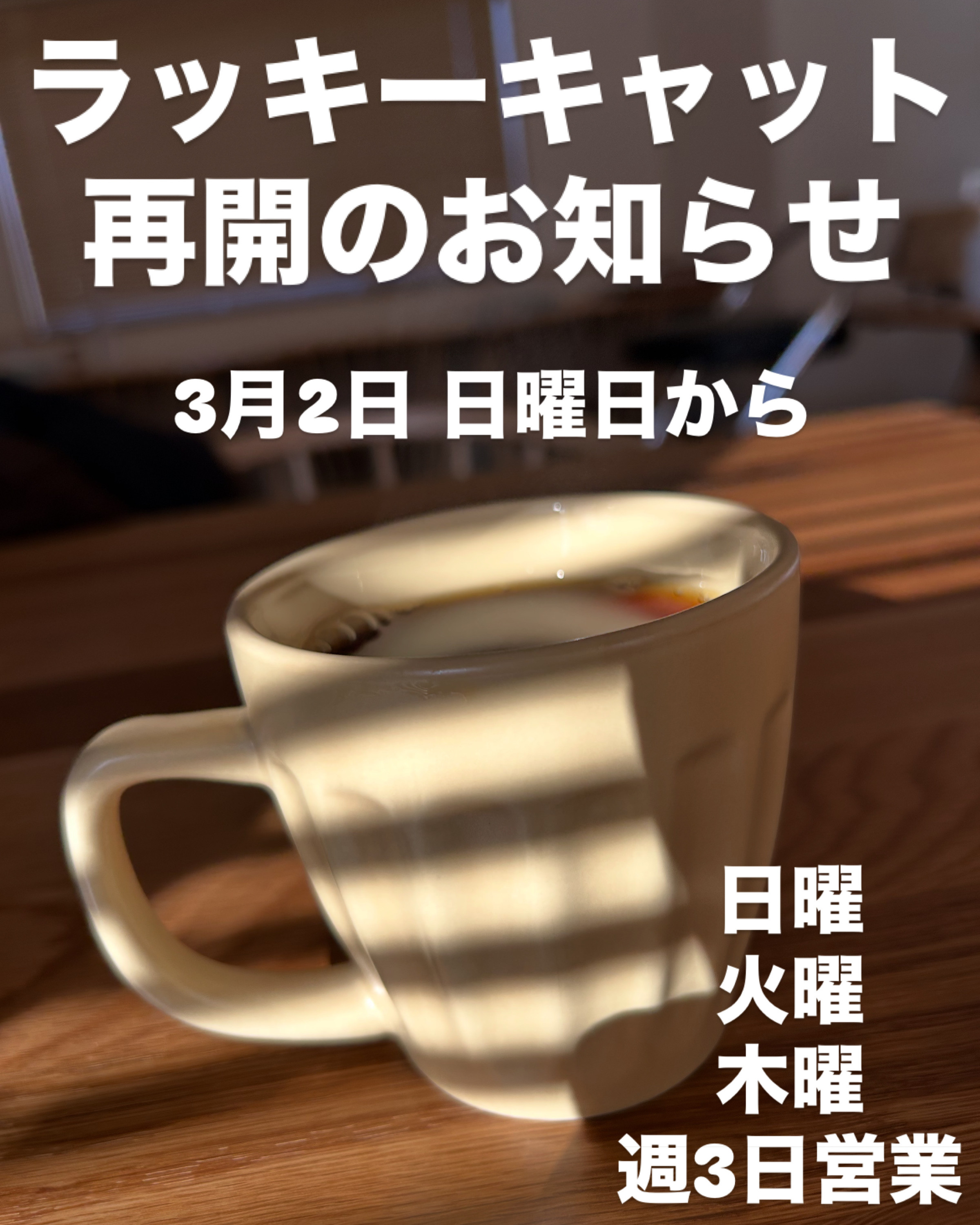 新年より休業となっておりましたが3月2日の日曜日から営業再開となります。店主病み上がりのため当面の間は日曜日・火曜日・木曜日の週3日の営業となります。