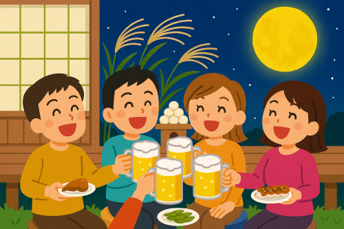 秋の夜、満月の下で開かれる楽しいお月見飲.png